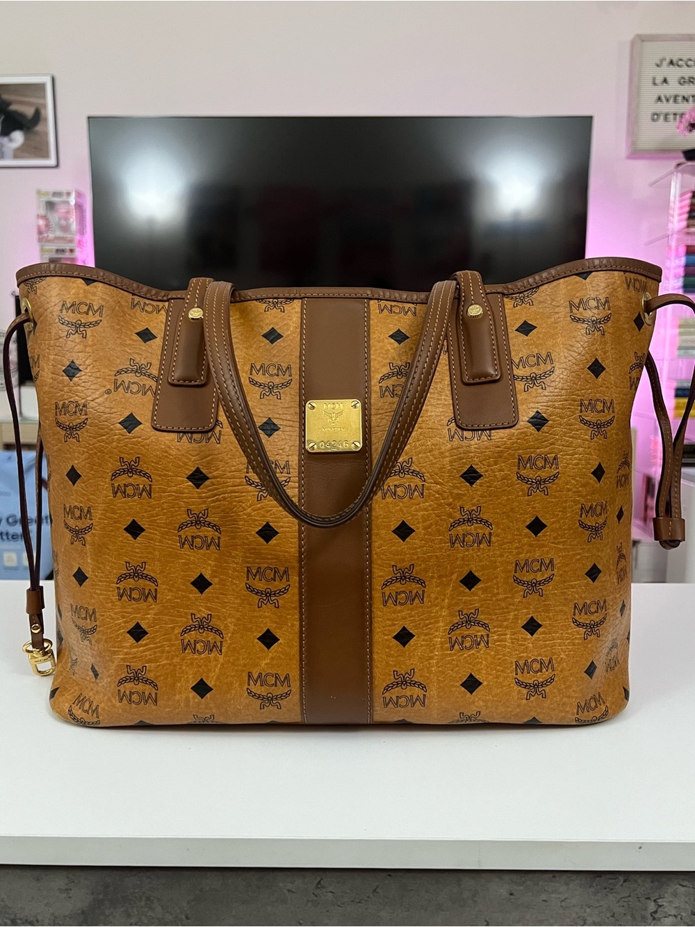 MCM Cognac Visetos Medium Liz Tote with Brown Trim